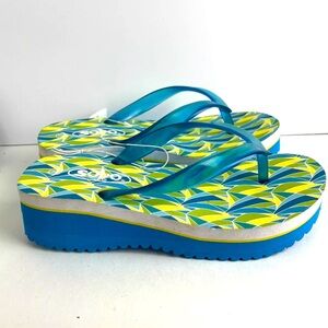 Vintage Y2K Footstar Soho flip flop size 7 women 2” Heel Yellow Blue Y2K